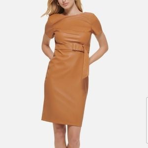 Calvin Klein Short Sleeve Faux Leather Belted Sheath Dress